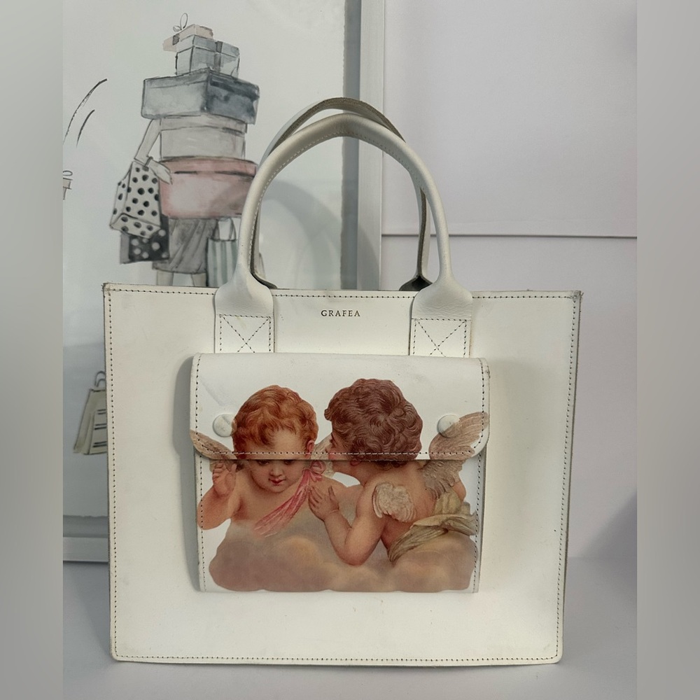 GRAFEA Made In England Angels Cherubs Cupid White Leather Tote Bag